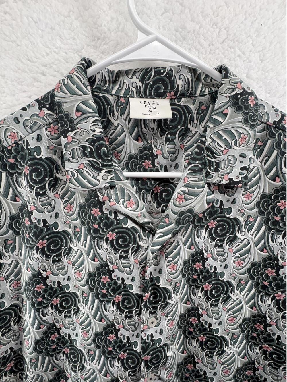 Level 10 Button Up Short Sleeve Tattoo Waves Y2K AOP Cherry Blossom Japanese